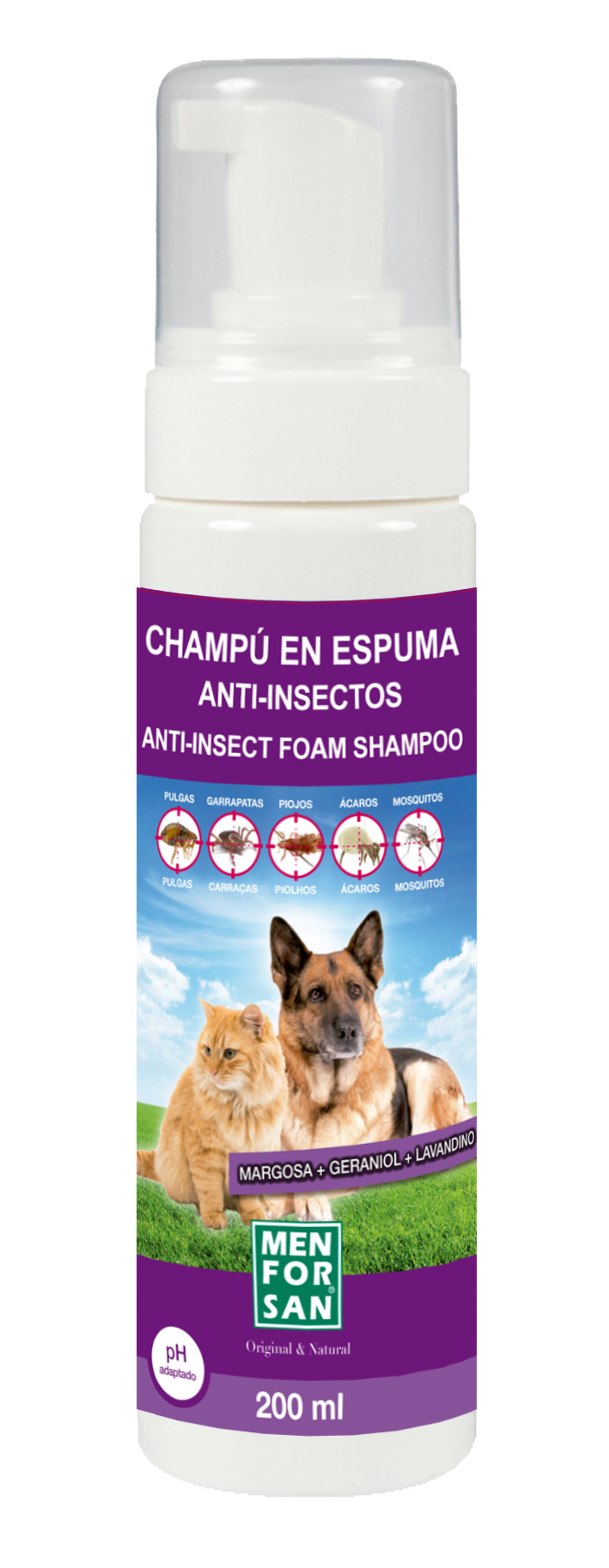CHAMPÚ ESPUMA ANTI-INSECTOS CON MARGOSA, GERANIOL Y LAVANDINO