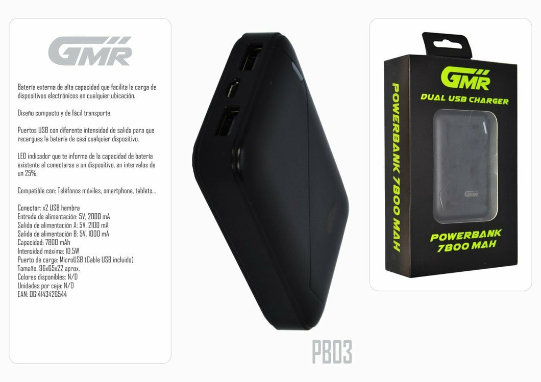 Batería Powerbank 7800mAh Dual USB Salida 5V 2.1A/1A LED Indicador de Capacidad2