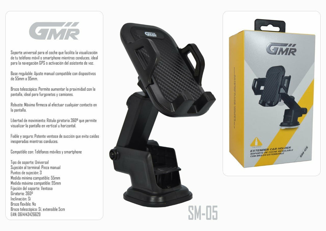 Soporte de Coche Regulable para Smartphone Giro 360º Sujeción Ventosa de Succión